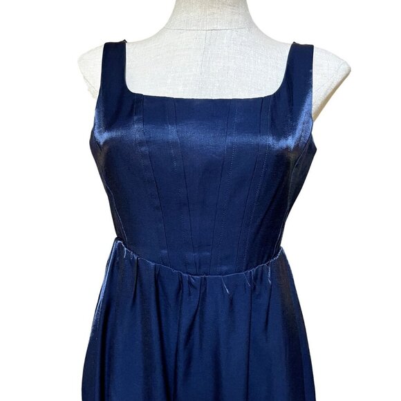 WAYF Corset Midi Dress Fit + Flare Midnight Blue Satin Retro 80s Prom Style Glam - Picture 3 of 12